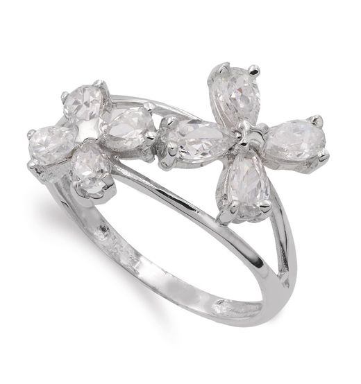 18K Sortija Oro Blanco Con Flores De Circonita Ancho 13 Mm