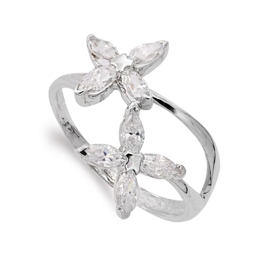 18K Sortija Oro Blanco Con Flores De Circonitas. Ancho: 16,5 Mm