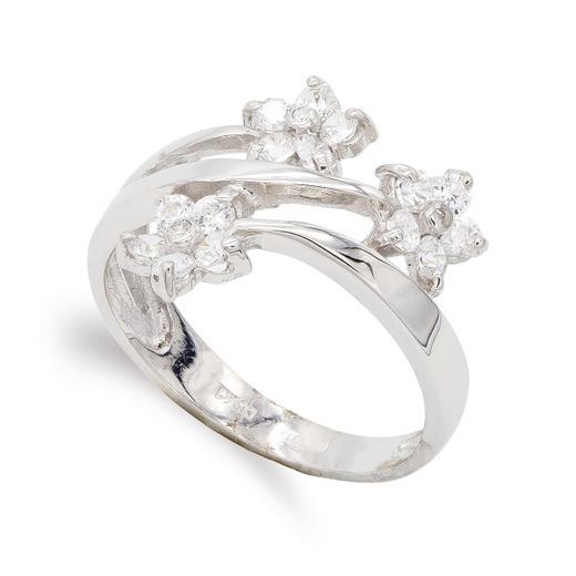 18K Sortija Oro Blanco Con Flores Y Circonitas. Ancho: 15,5 Mm