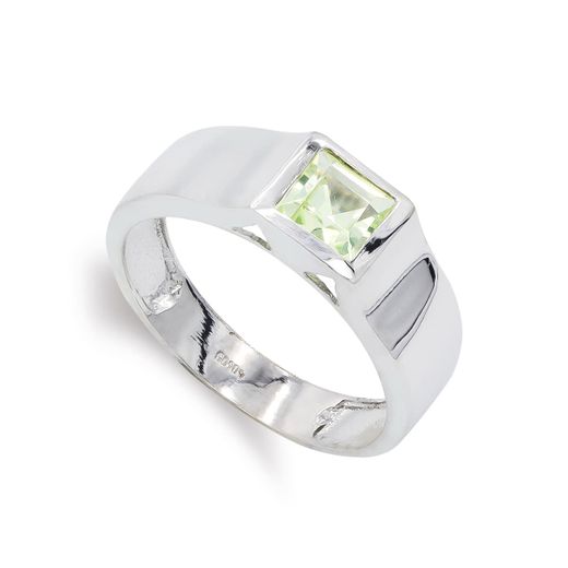 18K Sortija Oro Blanco Con Olivina. Ancho: 6 Mm