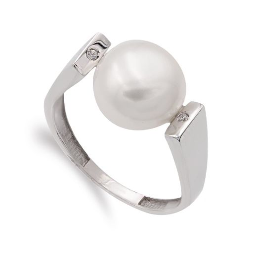 18K Sortija Oro Blanco Con Perla Barroca Y Circonitas. Ancho: 11Mm