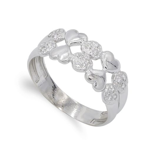 18K Sortija Oro Blanco Corazones Lisos Y Circonitas. Ancho: 8,5 Mm