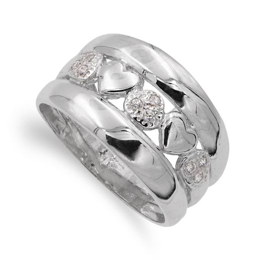 18K Sortija Oro Blanco Corazones Y Circonitas. Ancho: 12 Mm