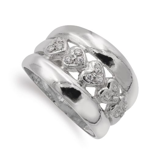 18K Sortija Oro Blanco Corazones Y Circonitas. Ancho: 13 Mm