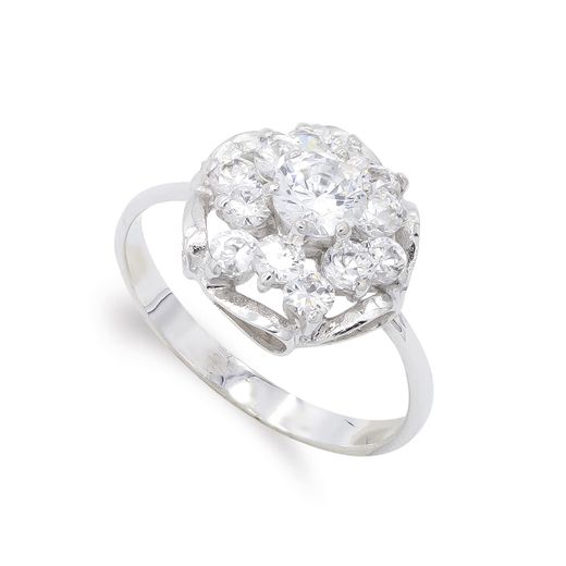 18K Sortija Oro Blanco Cuajo Circonita Y Ramas. Ancho: 13 Mm