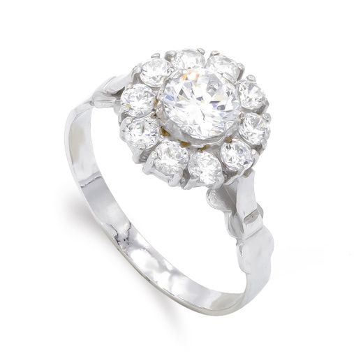 18K Sortija Oro Blanco Cuajo Con Circonitas. Ancho: 11 Mm