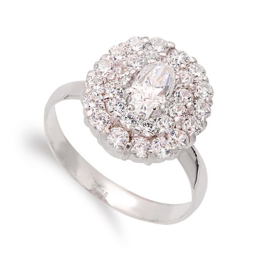 18K Sortija Oro Blanco Cuajo Con Circonitas. Ancho: 14 Mm