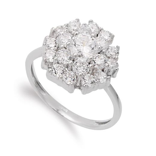 18K Sortija Oro Blanco Cuajo Piña Con Circonitas. Ancho: 14 Mm