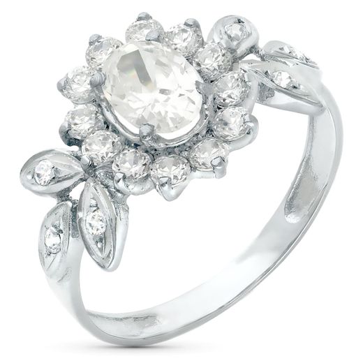 18K Sortija Oro Blanco Cuajo Y Hojas Con Circonitas. Ancho: 11 Mm