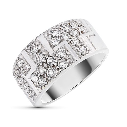18K Sortija Oro Blanco Detalles Brillo Con Circonitas. Ancho: 10 Mm