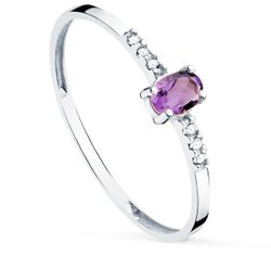 18K Sortija Oro Blanco Diamantes 0,030 Qt Oval Amatista Natural 4X3 Mm Cuerpo 1,30 Mm Vs2-G
