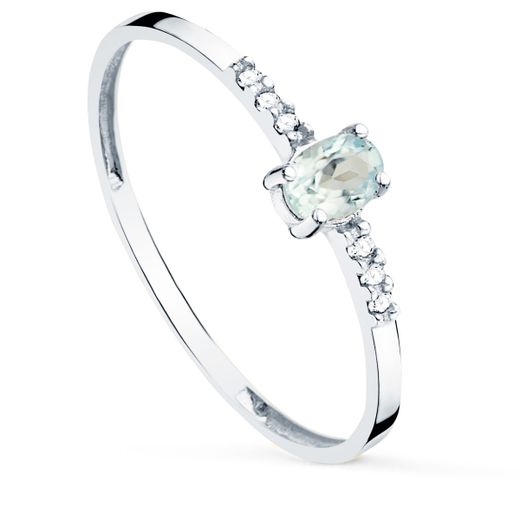 18K Sortija Oro Blanco Diamantes 0,030 Qts Oval Aguamarina Natural 4X3 Mm Cuerpo 1,30 Mm Vs2-G