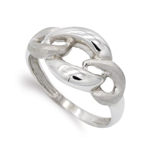 18K Sortija Oro Blanco Eslabones Mate Y Brillo. Ancho: 11 Mm