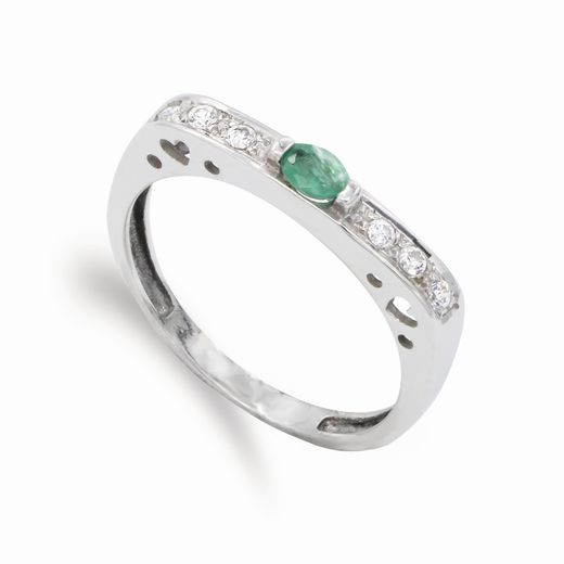 18K Sortija Oro Blanco Esmeralda 4,5 X 3 Mm Y Circonitas. Ancho: 3 Mm