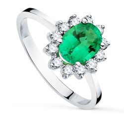 18K Sortija Oro Blanco Esmeralda 8X6 Mm 1,10 Qt. Diamantes 0,42 Qt Vs2-G.