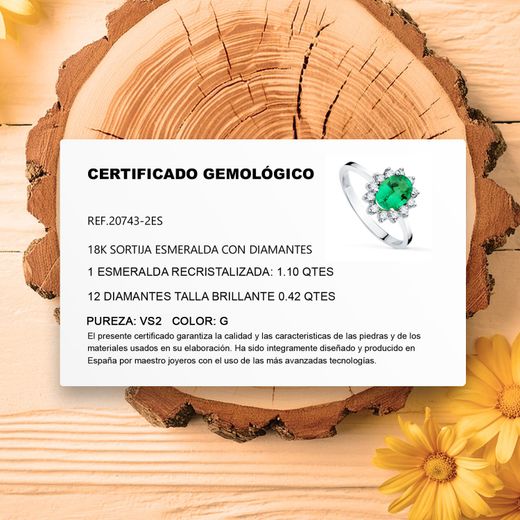 18K Sortija Oro Blanco Esmeralda 8X6 Mm 1,10 Qt. Diamantes 0,42 Qt Vs2-G.