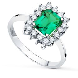 18K Sortija Oro Blanco Esmeralda 8X6 Mm 1,50Qt Diamantes Vs2-G 0,56Qt 13X11 Mm