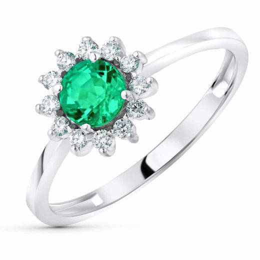18K Sortija Oro Blanco Esmeralda Recristalizada 5 Mm 0,48 Qt Y Diamantes 0,17Qt. G - Vs2