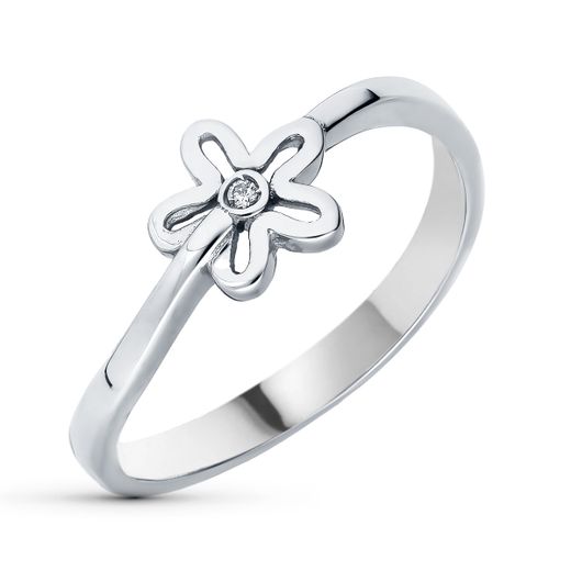 18K Sortija Oro Blanco Flor Calada Con Circonitas. Ancho: 6,5 Mm