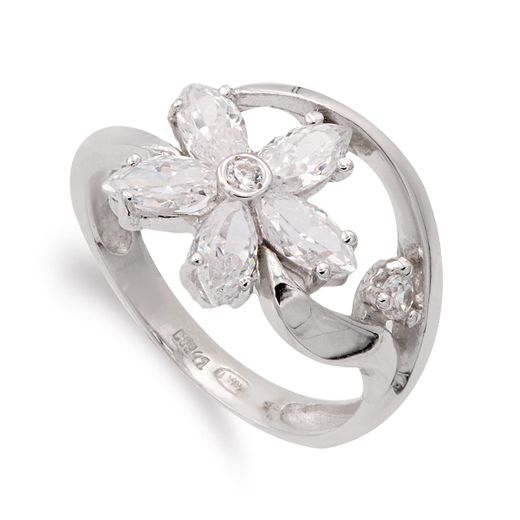 18K Sortija Oro Blanco Flor Con Circonitas. Ancho 13 Mm