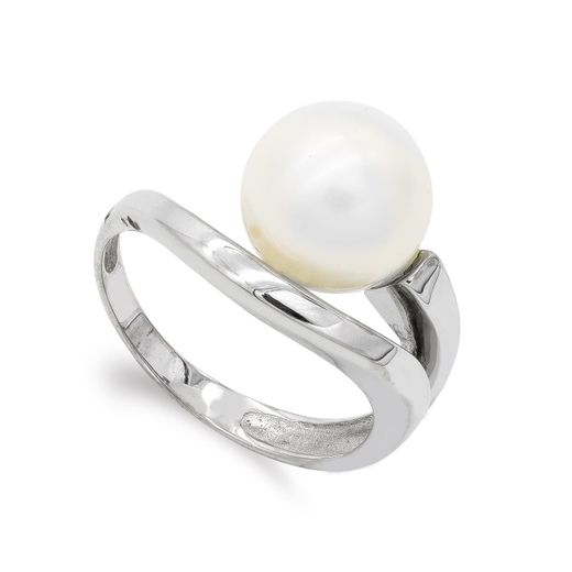 18K Sortija Oro Blanco Lisa Y Perla De 10 Mm