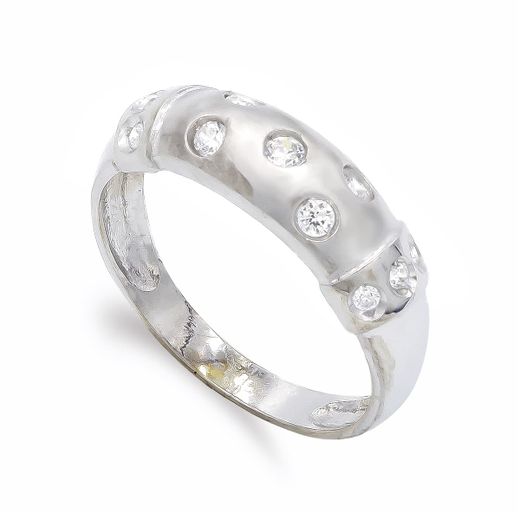 18K Sortija Oro Blanco Matizada Con Circonitas. Ancho: 6,5 Mm