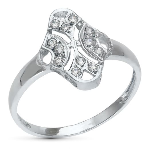 18K Sortija Oro Blanco Motivo Calado Rombo 15X10 Mm Con Circonitas. Ancho: 15 Mm