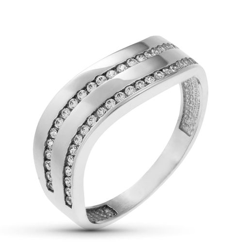 18K Sortija Oro Blanco Ondas Brillo Y Circonitas. Ancho: 6 Mm