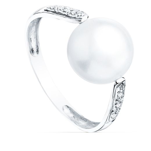 18K Sortija Oro Blanco Perla 10 Mm Con Circonita 11 Mm Ancho Cuerpo 2.8 Mm