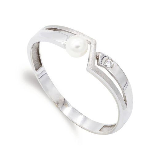 18K Sortija Oro Blanco Perla 3,5 Mm Y Circonita. Ancho: 4,5Mm