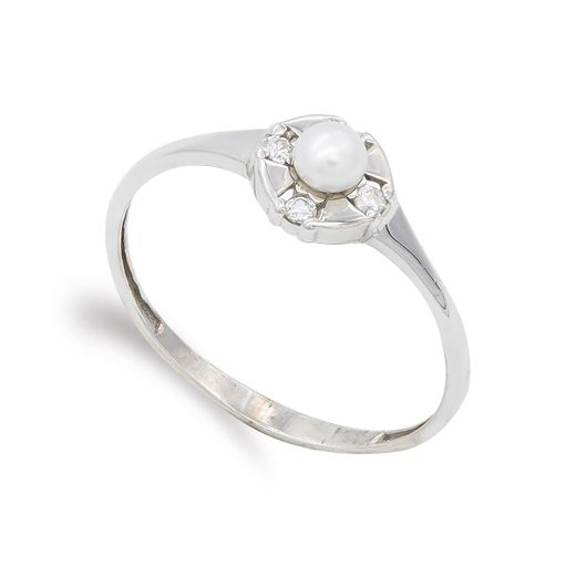 18K Sortija Oro Blanco Perla 3Mm Y Circonitas. Ancho: 6,5 Mm