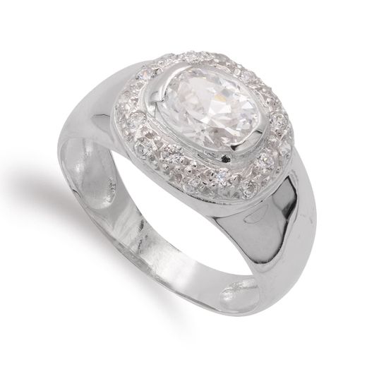 18K Sortija Oro Blanco Piedra Blanca Y Circonitas. Ancho: 11 Mm