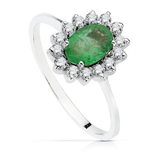 18K Sortija Oro Blanco Piedra Fina Esmeralda Recristalizada 7X5Mm Y Circonitas