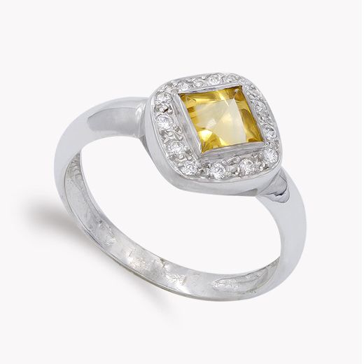 18K Sortija Oro Blanco Piedra Topacio Rombo Y Circonitas. Ancho: