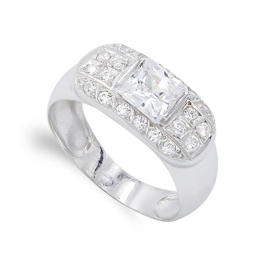 18K Sortija Oro Blanco Piedra Y Circonitas. Ancho: 9 Mm