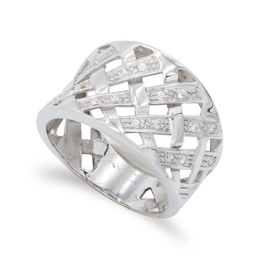 18K Sortija Oro Blanco Rombos Calados Con Circonitas. Ancho: 13,5 Mm