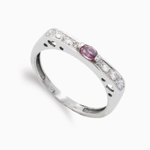 18K Sortija Oro Blanco Rubi 4,5 X 3 Mm Y Circonitas. Ancho: 3 Mm