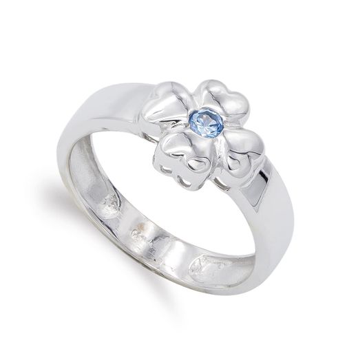 18K Sortija Oro Blanco Trebol Con Circonita Aguamarina. Ancho: 10 Mm