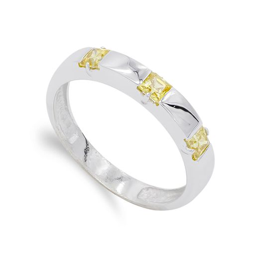 18K Sortija Oro Blanco Y Circonita Color Amarillo. Ancho: 3 Mm