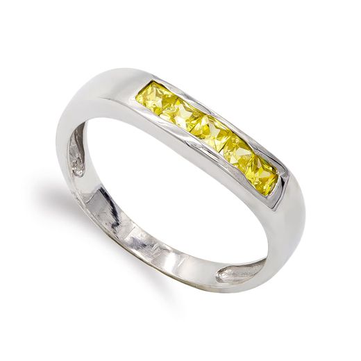 18K Sortija Oro Blanco Y Circonita Color Amarillo. Ancho: 4 Mm