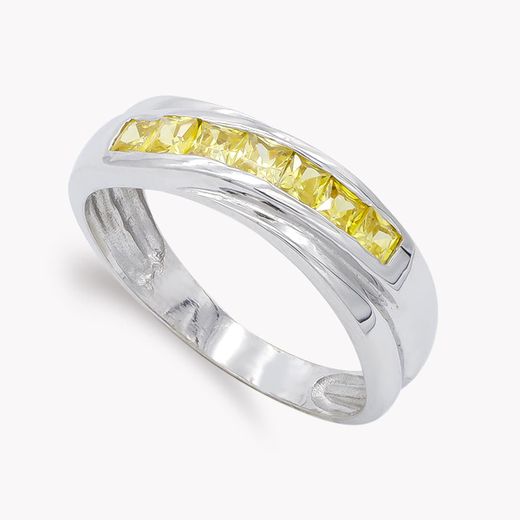 18K Sortija Oro Blanco Y Circonita Color Amarillo. Ancho: 5,5 Mm