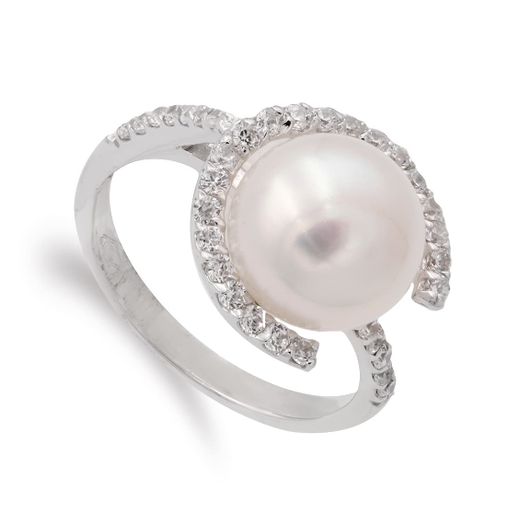 18K Sortija Oro Blanco Y Circonita Con Perla 10 Mm. Ancho Cuerpo: 3 Mm