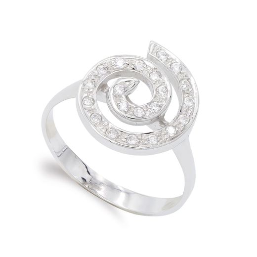 18K Sortija Oro Blanco Y Circonita Espiral. Ancho: 14,5 Mm