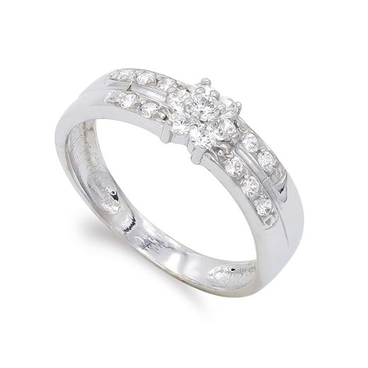 18K Sortija Oro Blanco Y Circonitas. Ancho: 6 Mm
