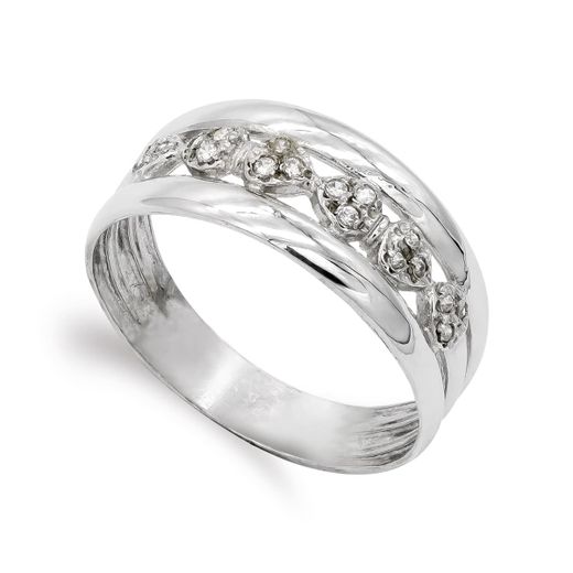 18K Sortija Oro Blanco Y Circonitas. Ancho: 9 Mm