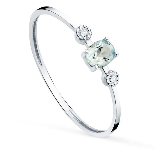 18K Sortija Oro Blanco Y Diamantes 0,016 Qts. G-Vs2 Aguamarina 4X3 Mm Cuerpo 1 Mm