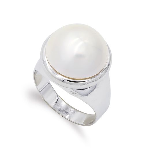 18K Sortija Oro Blanco Y Perla Japonesa Con Cerco Liso 16 Mm