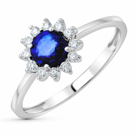 18K Sortija Oro Blanco Zafiro 5 Mm 0,56 Qt Y Diamantes 0,17Qt. G - Vs2