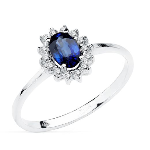 18K Sortija Oro Blanco Zafiro 6X4 Mm 0,62 Qts. Diamantes 0,14 Qts. Vs2-G 9,5X8 Mm