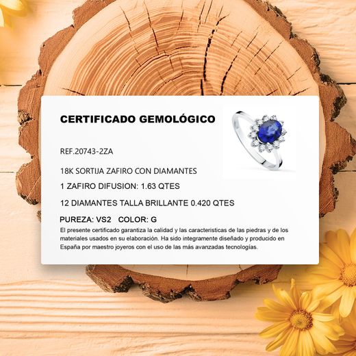 18K Sortija Oro Blanco Zafiro 8X6 Mm 1,63 Qt. Diamantes 0,42 Qt Vs2-G.